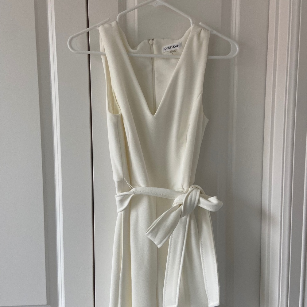 Calvin Klein Cream Sleeveless V-Neck Belted Jumpsuit